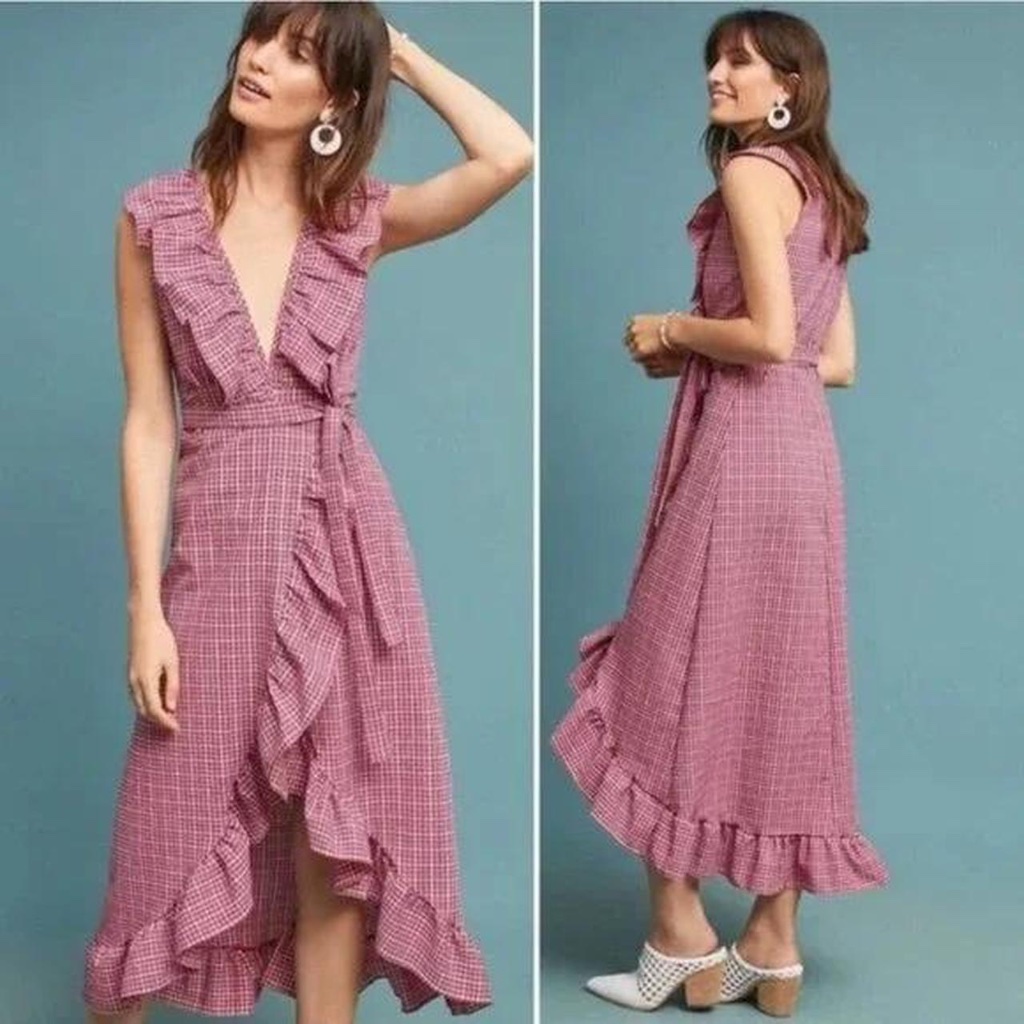 Anthropologie Misa La Dress Stella Wrap Ruffles Size M Red Gingham